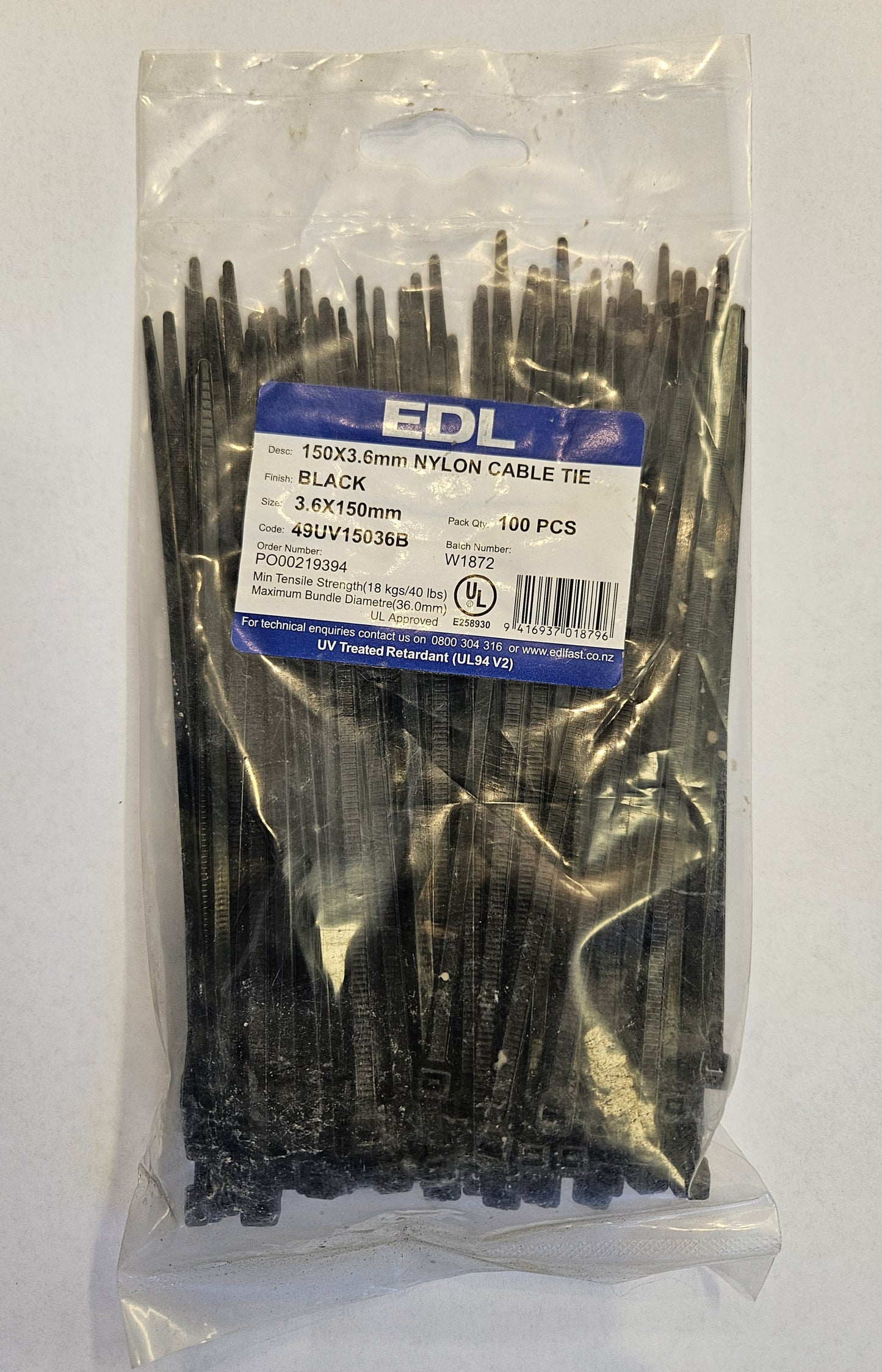 Cable Tie Black 150mm x 3.6mm (100Pk)