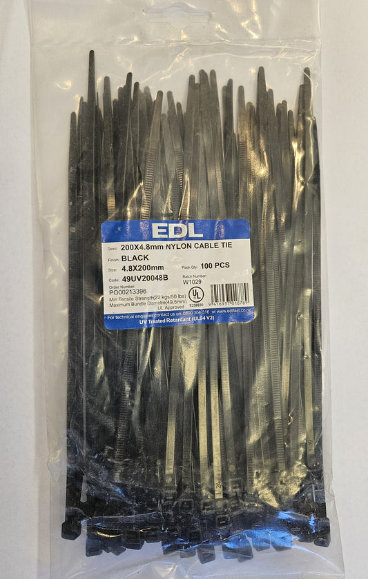 Cable Tie Black 200mm x 4.8mm (100Pk)